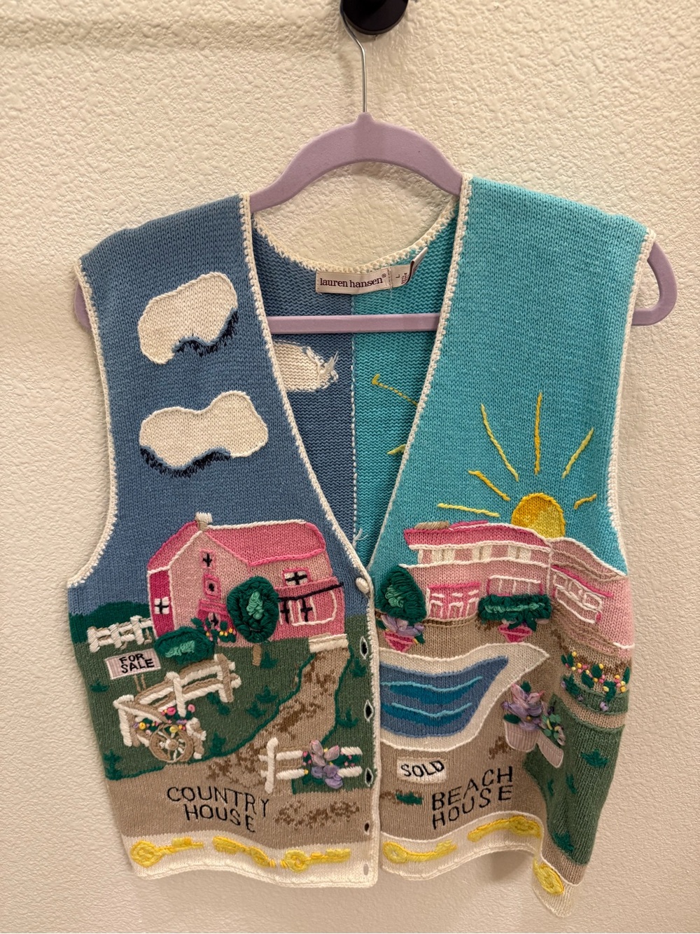 Vintage Lauren Hansen Womens Colorblock Novelty Knit Vest - Pink & Teal